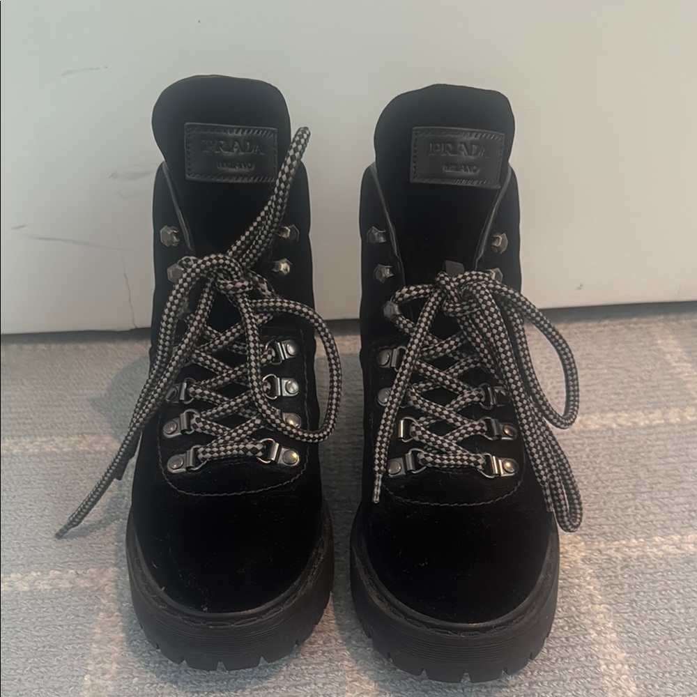 Prada Black velvet Combat Moto Boots Sleek Design